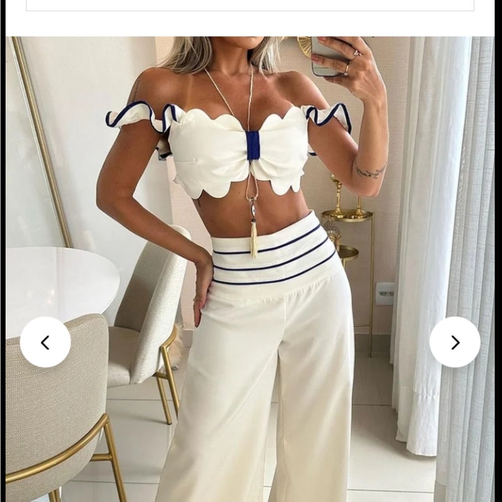 White and Blue Off-Shoulder Crop Top and Pants Set